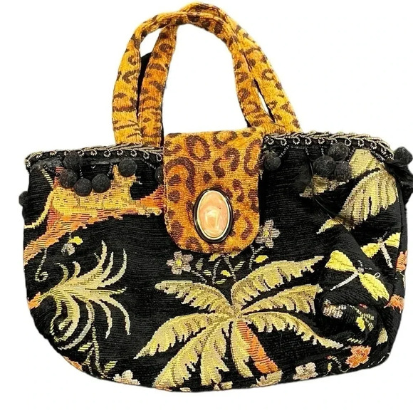 ❤️ 2/$11 Handmade Mini Carpet Bag Purse Black Floral Animal Print - Picture 1 of 10